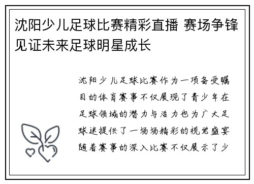 沈阳少儿足球比赛精彩直播 赛场争锋见证未来足球明星成长